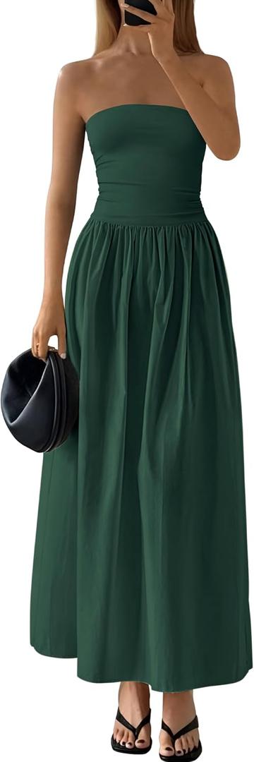 PRETTYGARDEN Women 2026 Summer Elegant Strapless Maxi Dress Tube Top Dress A Line Flowy Long Wedding Party Cocktail Dresses (Green, XXL)