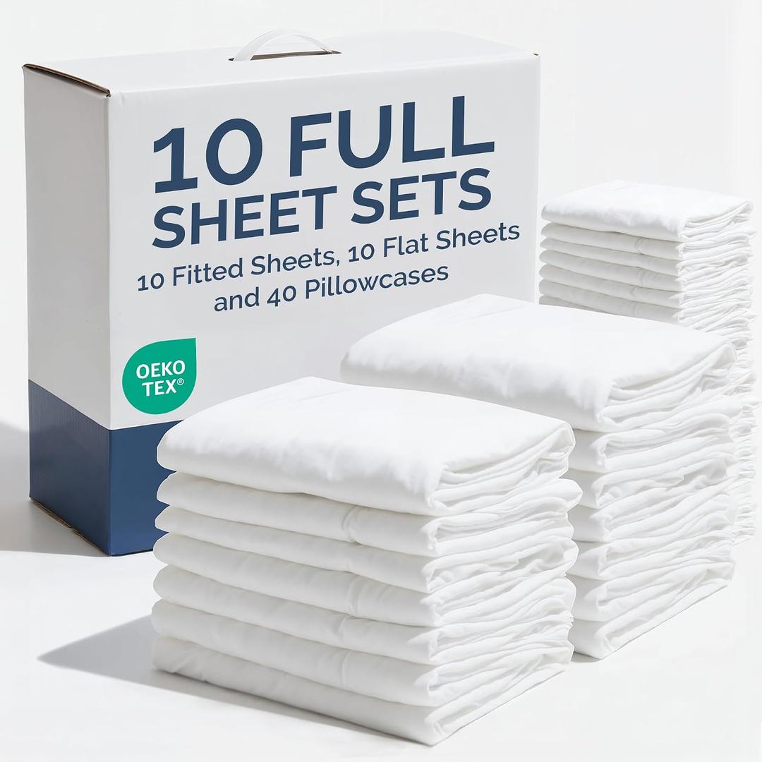 Bulk Case Pack of 10 Sheet Sets - Complete 6 Piece Sheet Sets - Bulk Full Size Bedding - Wholesale Case Pack for Hotels, Spa & Airbnbs - Deep Pocket & Wrinkle Free - Cooling & Breathable - Full, White