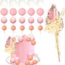 Ephlyn 21Pcs Ball Cake Toppers Flower Palm Leaf Cake Decorations for Bohemian Theme Boho Birthday Wedding Baby Shower Party Supplies Pink White