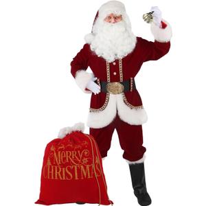 Santa Claus Costume for Men Deluxe Christmas Santa Suit 11pcs Red Adult Professional Xmas Cosplay Party Holiday Outfit (Large)
