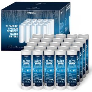 Ronaqua 5 Micron Sediment Water Filter Cartridge 10"x2.5", NSF Certified, 4-Layer Filtration for any 10-inch RO Units & Whole House Systems, Compatible with Culligan P5, AP110, WHKF-GD05, 25 Pack