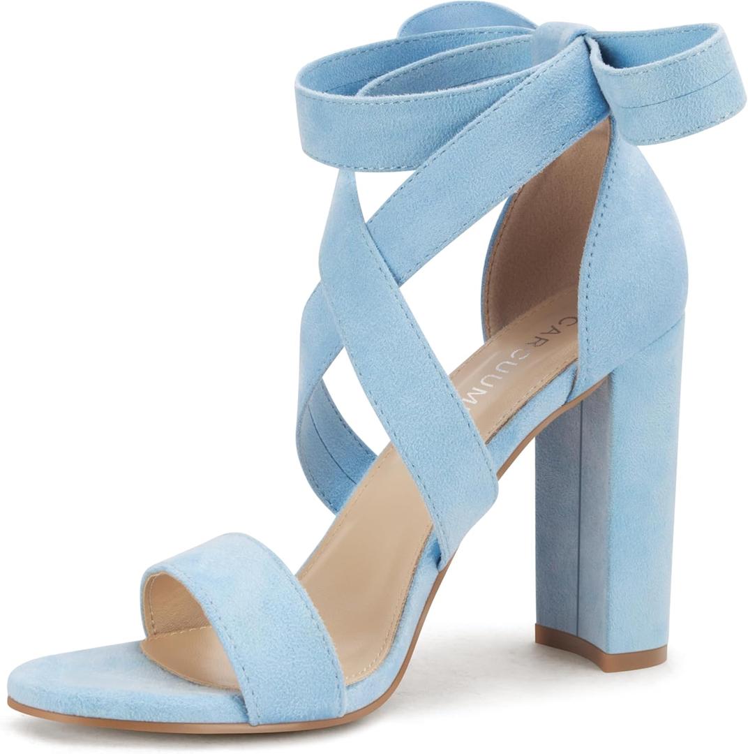 Strappy Heels for Women Chunky Heels High Heeled Sandals with Lace Up Fahsion Casual Nude Block Heel Sandals, Ellery-LIGHT BLUE-7