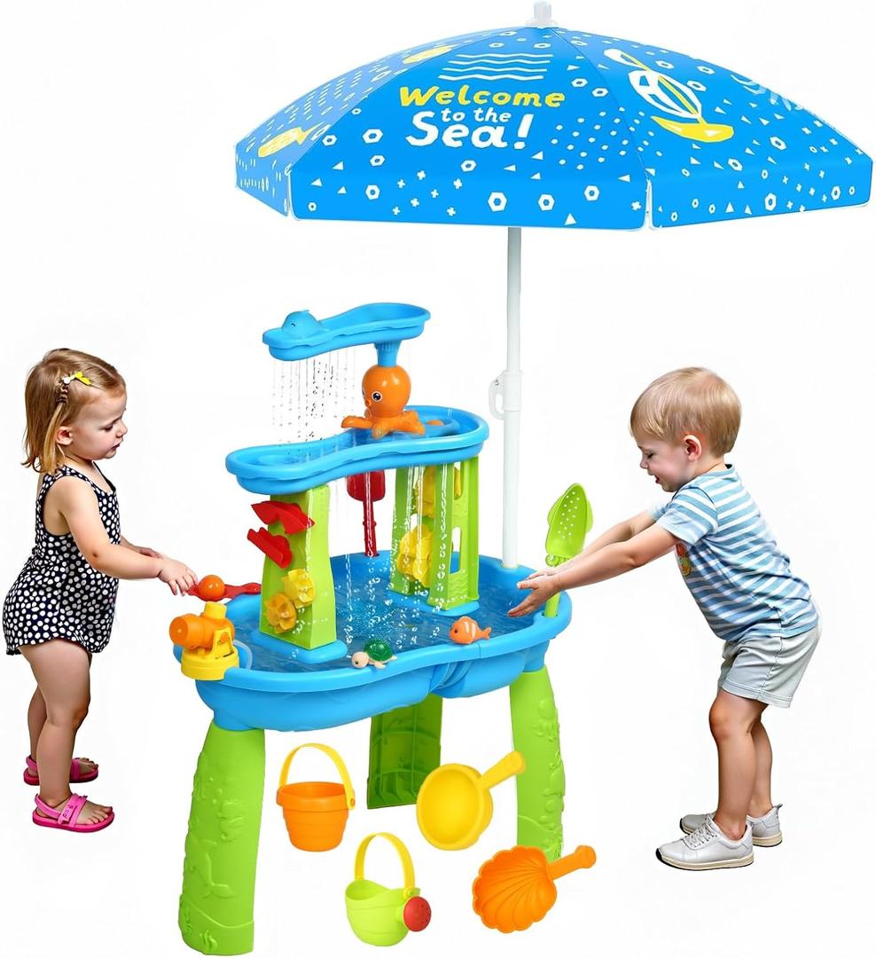 Hugut 2025 Upgraded 3-Tier Sand Water Table with Umbrella  Outdoor Backyard Sensory Activity Table for Kids, Perfect for Boys and Girls Summer Fun