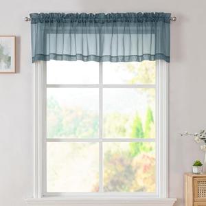 Simplebrand Dusty Blue Valances 14 Inches Long for Living Room Pocket 2 Panel Light Filtering Sheer Translucent Valence Toppers for Short Window Kitchen Bathroom Bedroom 42x14 Inch Length