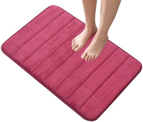 Memory Foam Bath Mat, 31x19 Inches, Super Absorbent Soft Bathroom Rug for tub, Quick Drying Non-Slip Door mat Floor Cushion,Machine Washable, Thick（1 Piece-Striped Wine Red）