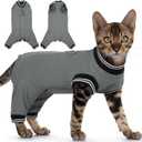 PUMYPOREITY Cat Recovery Suit for Hind Legs, Cat Surgical Spay Suit with Leg Sleeves to Stop Licking, Long Rear Sleeve Wound Cover Abdomen Kitten Onesie, Grey, L