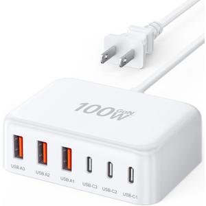 [2026 Updated] USB C Fast Charger, 100W GaN 6 Port Type C Charging Station Hub Block Cube, USB C Wall Charger Power Strip Adapter Plug for iPad iPhone 17 16 15 14 Pro Max Pixel Note Galaxy, 5ft Cord