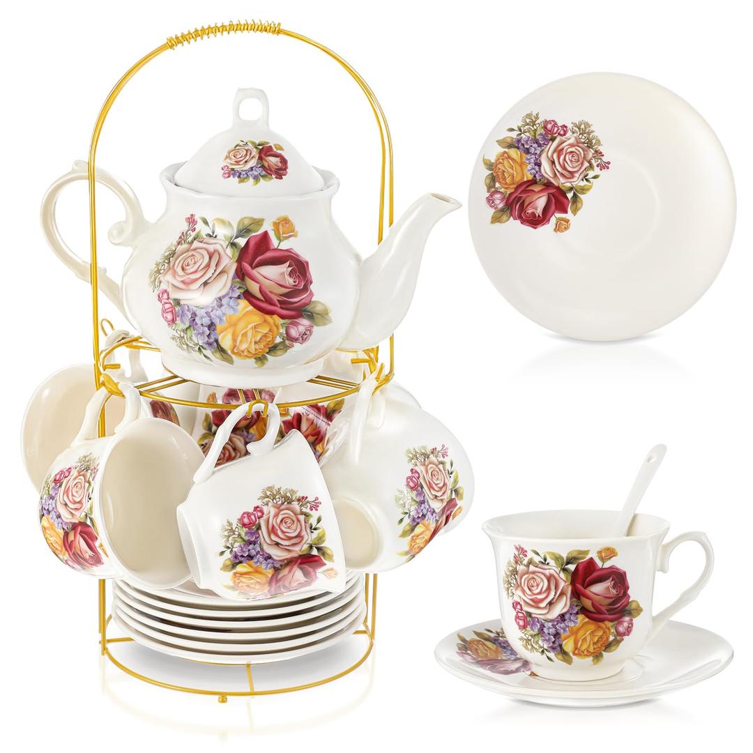 Zhehao 20 Pcs Porcelain Tea Set with Metal Holder and Spoon Adult Ceramic Tea Set European Flower Painting Teapot Cup Saucer Spoon for Women Mom Gift, Large Version (Groovy Style)