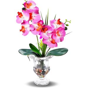 Jusdreen Artificial Purple Orchid Centerpiece, 14.5 Inch Phalaenopsis in Glass Vase with Potting for Home Office Table Decor, Realistic Orchid Arrangement