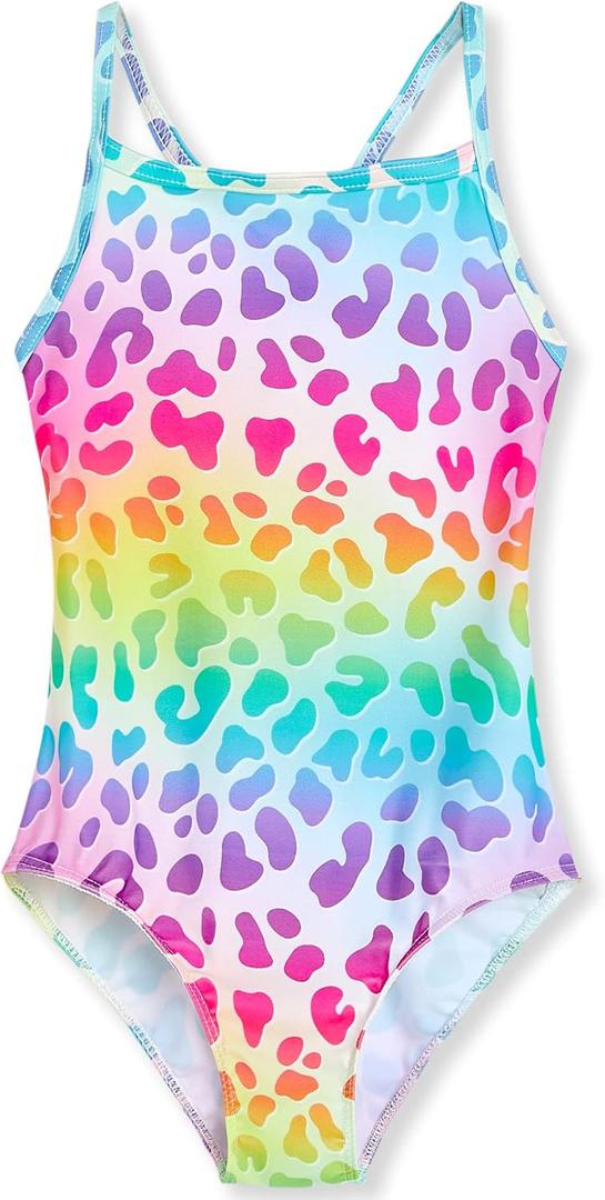 TENVDA Girls One Piece Swimsuits Sport Halter Swimwear Beach Bathing Suit (6-7 Years, Rainbow Leopard)