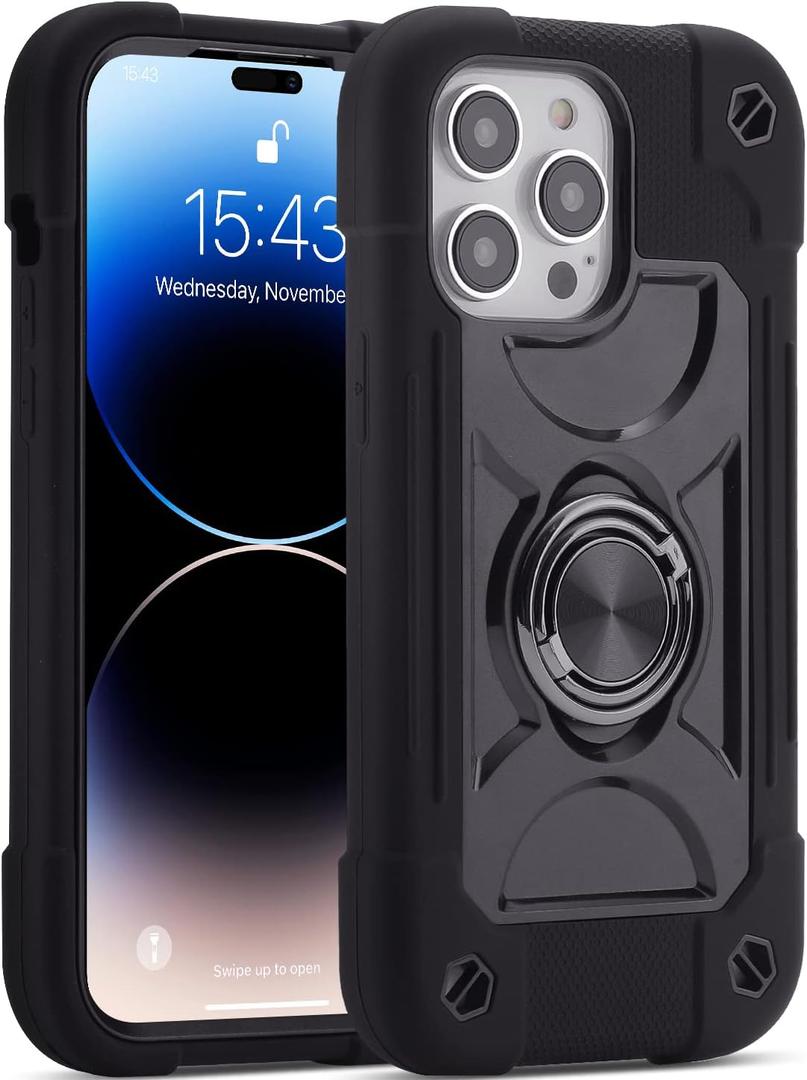 MARKILL Compatible with iPhone 14 Pro Case 6.1 Inch with Built-in Ring Stand, Military Grade Drop Protection Full Body Rugged Heavy Duty Case 3 in 1 Protective Durable Cover Black