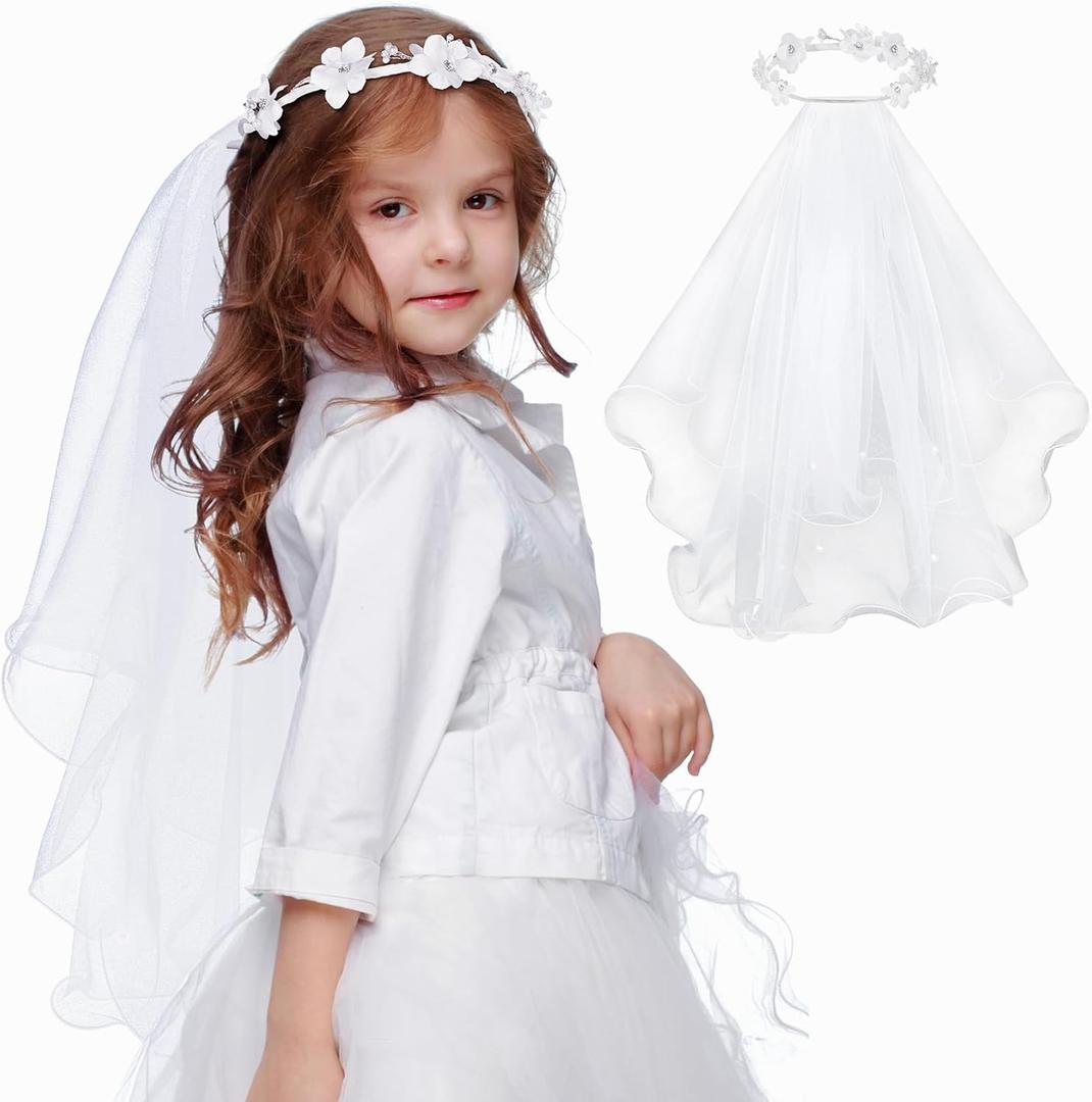 SWEETV First Communion Veil 1st Communion Veils For Kids Flower Girl Bow Headband Veil Holy Headpiece Wedding Catholic Party (White)