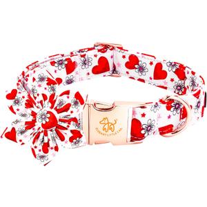 Elegant little tail Valentine's Dog Collar with Flower, Cute Flower with Heart Pet Collars Holiday Female Adjustable Cotton Pet Collar with Flowers for Small Medium Large Dogs (X-Small (Pack of 1))