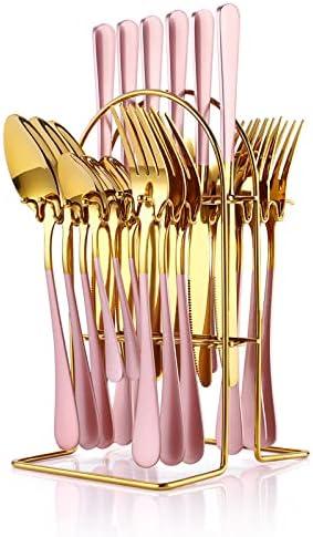 24 Pieces Flatware Set, Caliamary Stainless Steel Flatware Set with Silverware Holder Spoons Forks Knives, Utensils Set Service for 6, Gold Mirror Polished and Matte Pink Painted (Pink)