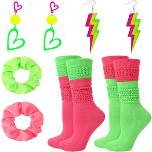 80s Neon Accessories for Women Neon Slouch Socks Heart Earrings Scrunchies for 80s 90s Party Halloween (Rose Red, Green)