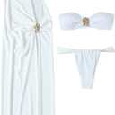 SOLY HUX Women's 3 Piece Swimsuit Bandeau Bikini Set Bathing Suit with Cover Up Dress Solid White X-Small
