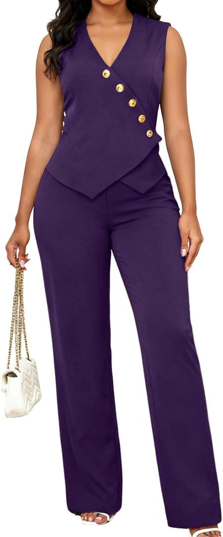 Ophestin Pant Suits for Women Dressy Business 2 Piece Sets Sleeveless Blazer Vest Set for Work Dark Purple M