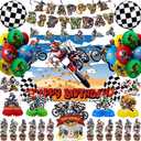 Dirt Bike Birthday Party Decorations Motocross Theme Supplies with Motorcycle Banner, Backdrop, Hanging Swirls, Dessert Inserts and Table Centerpieces