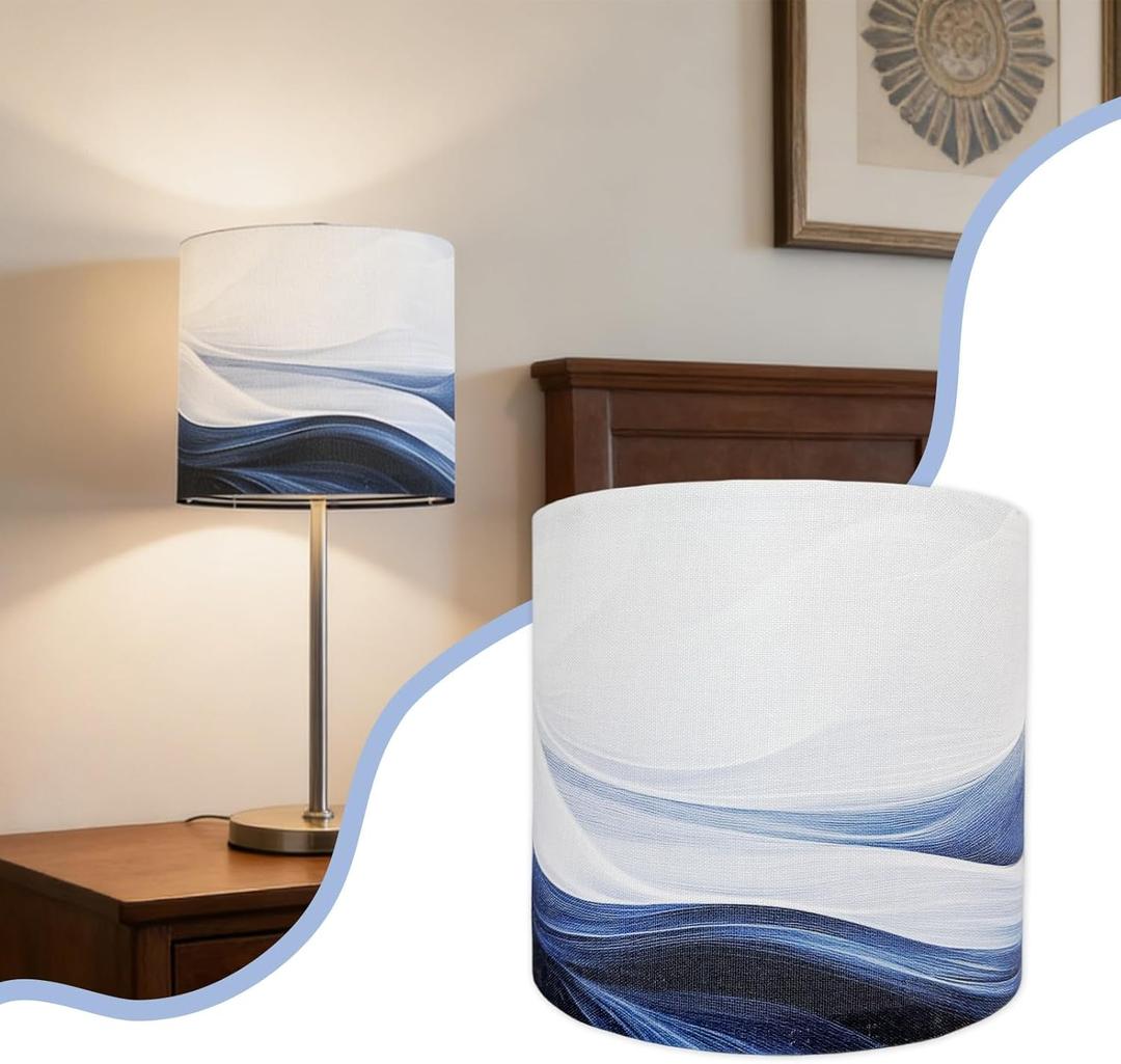 Small Table Lamp Shade, 8.7x8.7x7.9in Fabric Blue Lamps Shades with Waves and Oceans, 1 Pack Lampshades, Drum Lamp Shades, Support Spider and E26/E14 Base