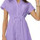 Women Swimsuit Coverup Button Down Bathing Suit Cover Ups V Neck Beach Bikini Swimwear Short Sleeve Summer Dress Black S