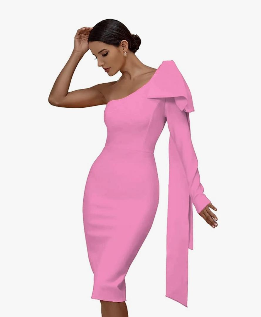 Maketina Womens One Shoulder Ruffle Long Sleeve Bandage Dress Club Cocktail Dresses, L (The Dress Has Stains And The Bow Is Torn)