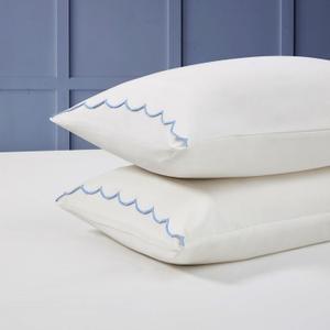 Peri Home Standard Queen Pillow Cases - 100% Cotton - Breathable Soft 300 TC - White with Blue Scallop Edge - 2 Pack