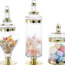 MyGift 3 Piece Set Antique Clear Glass Bathroom Apothecary Jars with Lid, Wedding Centerpiece, Kitchen Storage Jars with Metallic Brass-Tone Design (Gold)