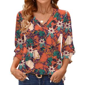 AKEWEI 3/4 Length Sleeve Womens Tops Summer Fashion V Neck Business Casual Blouses Smocked Shirts, XL