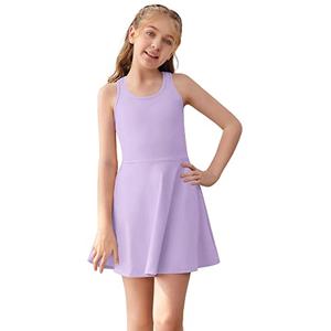 Haloumoning Girls Sleeveless Tennis Dress Kids Racerback Golf Dress School Sports Dresses Outfit with Shorts Pockets Purple 120