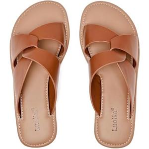 Luoika Women's Wide Width Flat Slides Sandals, Strapy Slide Sandal Slip on Dressy Summer Shoes for Women., 12 size