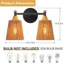 2-Light Bathroom Vanity Light, Boho Bathroom Light Fixtures Over Mirror Rattan Vanity Lighting Fixtures with Hand-Woven Lampshade Rustic Style Wall Sconce for Bedroom Living Room, 14.2 inch