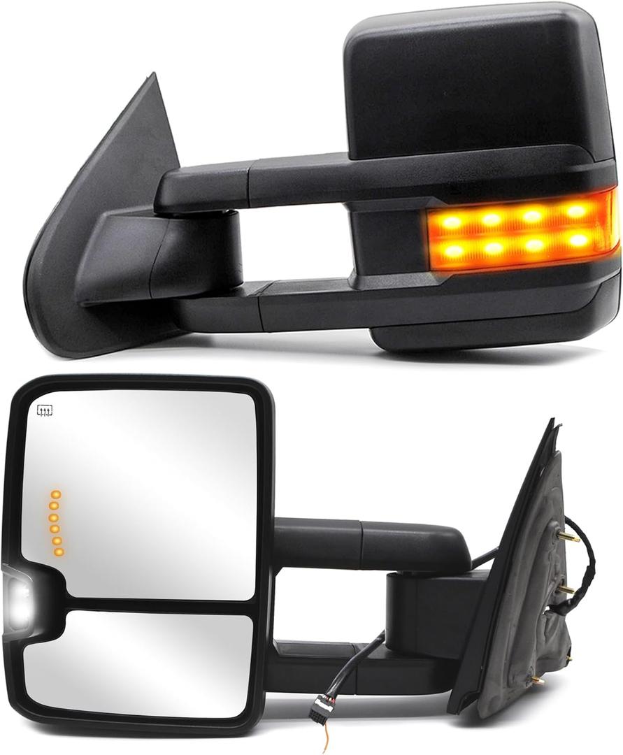 WLLW Power Heated Towing Mirrors fit for 2014 2015 2016 2017 2018 Chevy Silverado 1500 2500 3500 GMC Sierra with Turn Signal Arrow Signal Light Auxiliary Lamp Black Cap Smoke Lamp Housing