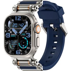 TAURI Silicone Band for Apple Watch Bands SE/Series 9/8/7/6/5/4 44/45mm [Stainless Steel Metal Connector + Liquid Silicone Strap] for iWatch 45mm/44mm Adjustable Band Men Women, Navy Blue