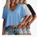 Huukeay 3 Pack Oversized T Shirts for Women Short Sleeve Crop Tops V Neck Irregular Hem Baggy Cropped Tees XL