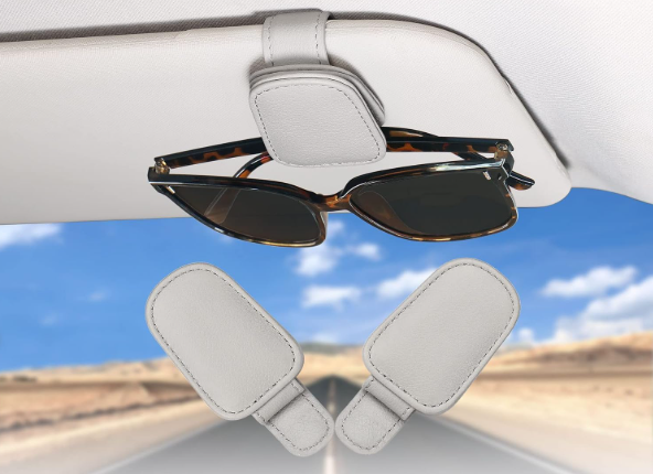 compuda 2 Packs Sunglasses Holder for Car Visor, Genuine Leather Car Sunglass Holder, Glasses Clip for Cars (2, Grey)