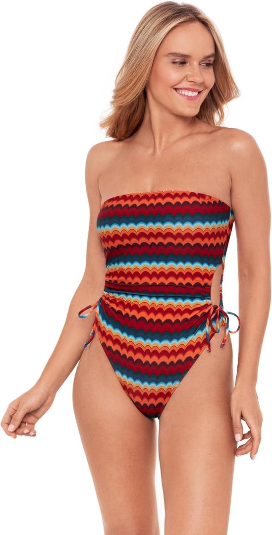 Sports Illustrated Womens Strapless One Piece W/Adjustable Side Cutouts (XX-Large, Groovy Stripe)