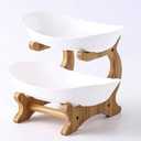 Fruit Bowl for Kitchen Counter - 2 Tier Ceramic Serving Bowls with Bamboo Stand, Tiered Fruit Basket for Fruit Vegetable Storage, Snack, Nuts, Cake, Dessert, Small & Cute (White)