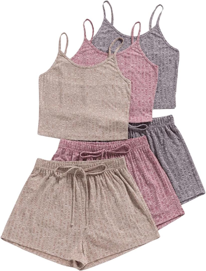 GORGLITTER Women's 3 Sets Ribbed Pajamas Set Sleeveless Crop Top and Tie Front Shorts Lounge Set Sleepwear Loungewear (Medium, Khaki Pink Purple)