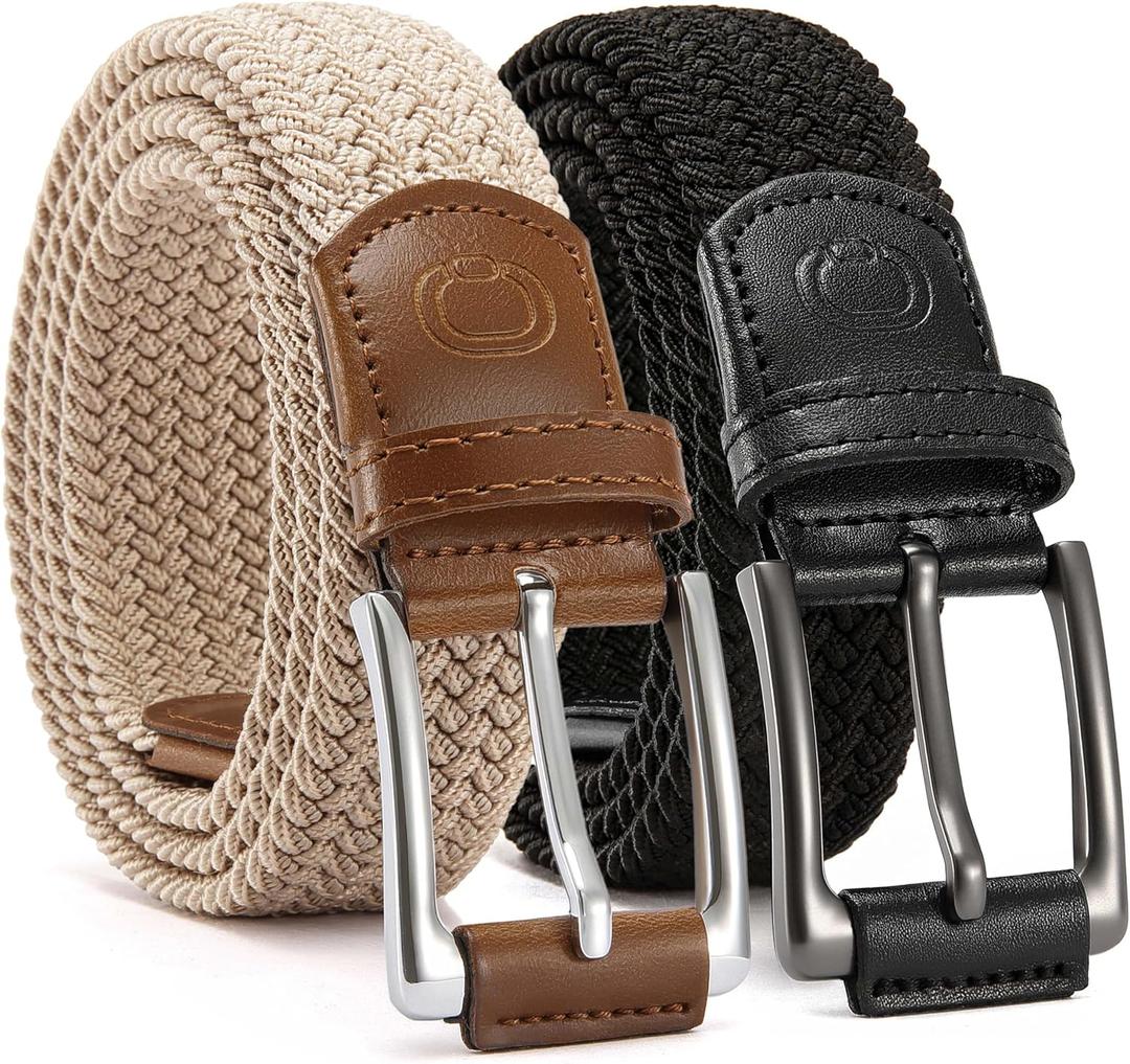 CHAOREN Stretch Belt Men 2 Pack - 1 3/8" Braided Golf Belts For Men - Casual Elastic For Pants and Jeans