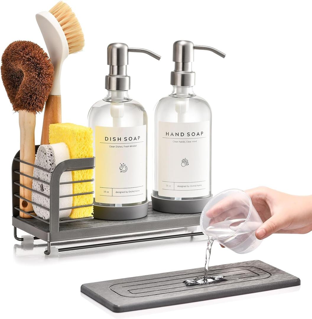Kitchen Soap Dispenser Set with Drying Tray  16oz Glass Bottles with Stainless Steel Pumps, Sink Organizer Caddy with Brush Holder & Non-Slip Feet  All-in-One Dish & Hand Soap Station
