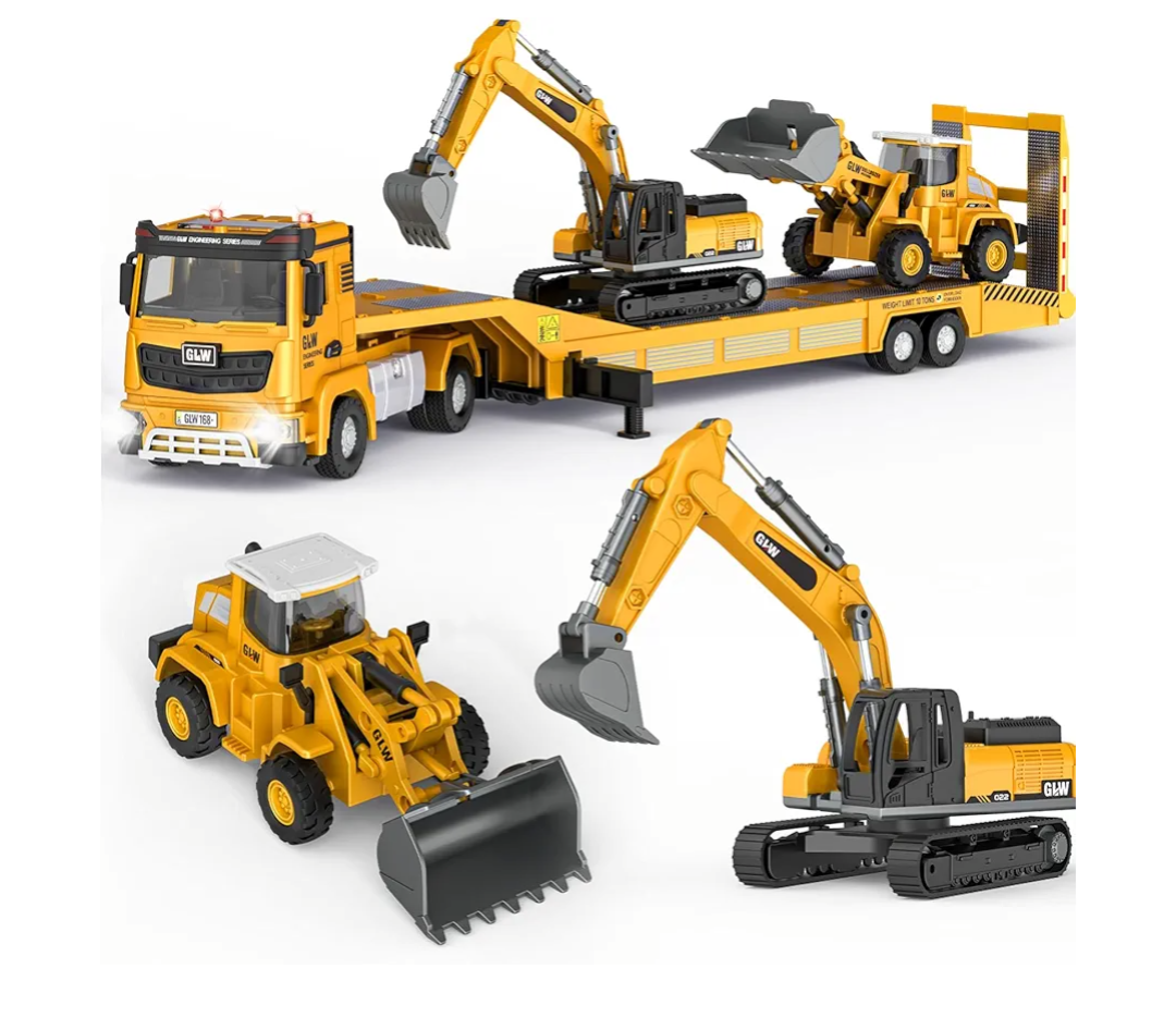 5Kids Toys for 3 4 5 6 7 Years Old Boys, Die-cast Construction Toys Set w/Semi Truck, Excavator, Bulldozer, Alloy Engineering Construction Vehicles Truck Toys w/Lights & Sounds, Model Cars