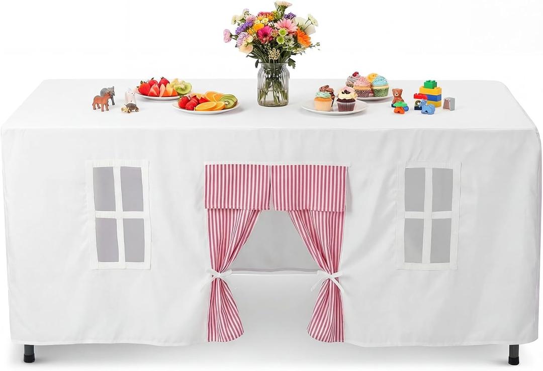 Oudain 10ft x 7.5ft Large Tablecloth Playhouse for Kid Table Fort Cover Table Cloth Tent Playhouse for Dining Room Birthday Indoor Outdoor Party Playground (White Pink Colors, Striped Style)