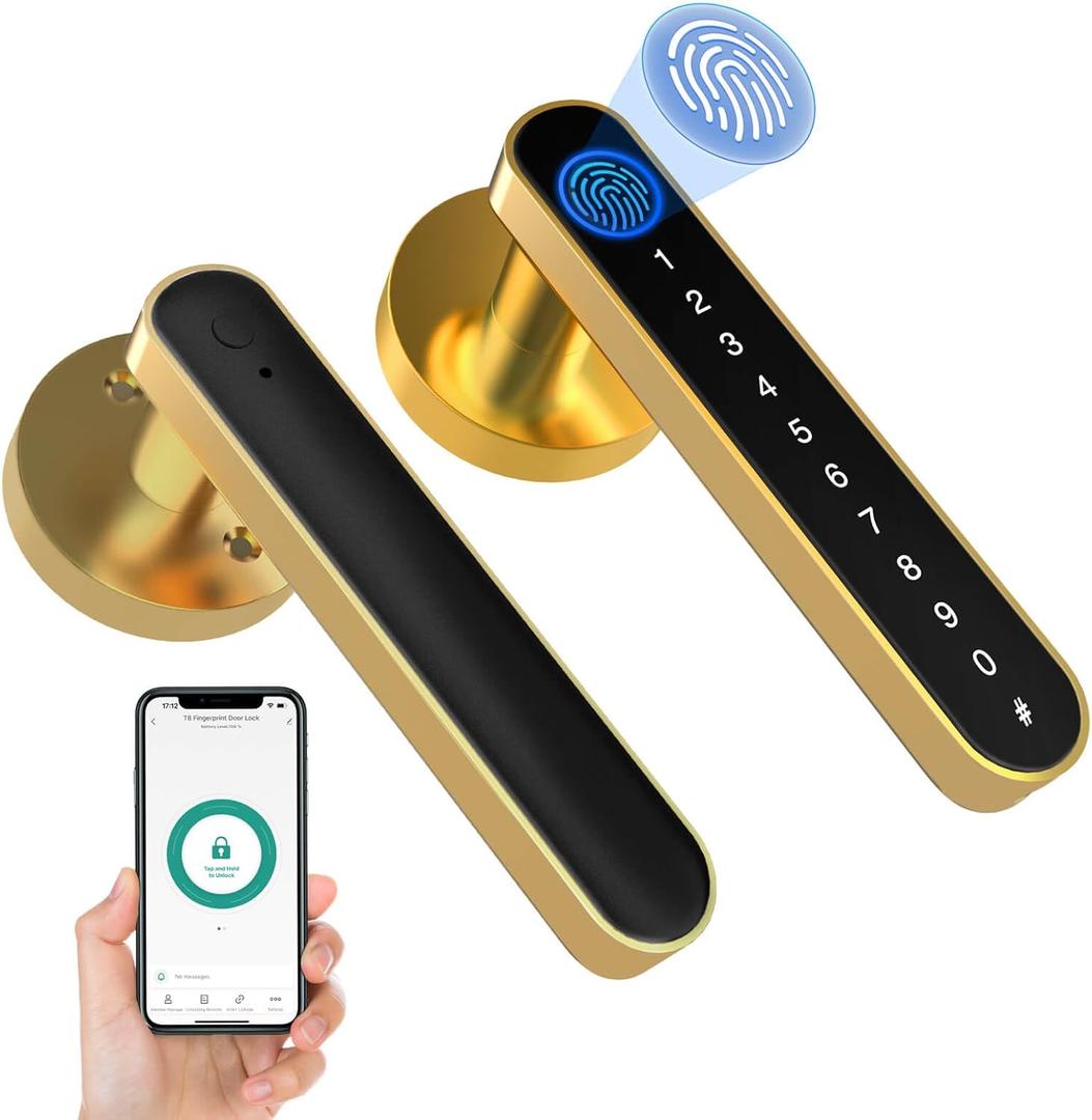 eLinkSmart Fingerprint Door Knob Lock, Smart Keyless Entry Door Lock with Code Keypad Handle, Biometric Electronic Security Locking Door Lever Locks for Bedroom Interior Indoor Room - Gold