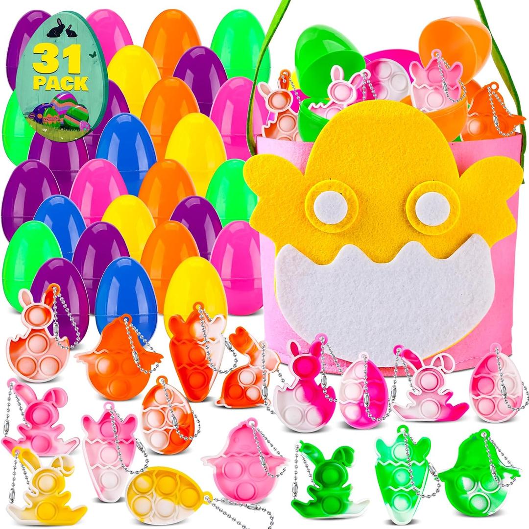 Easter Basket Stuffers,31Packs Prefilled Easter Eggs with Fidget Pop Keychain, Small Toys for Easter Egg Fillers Goodie Bag Stuffers, Classroom Prizes Toys Bulk for Egg Hunt Easter Gifts Party Favors
