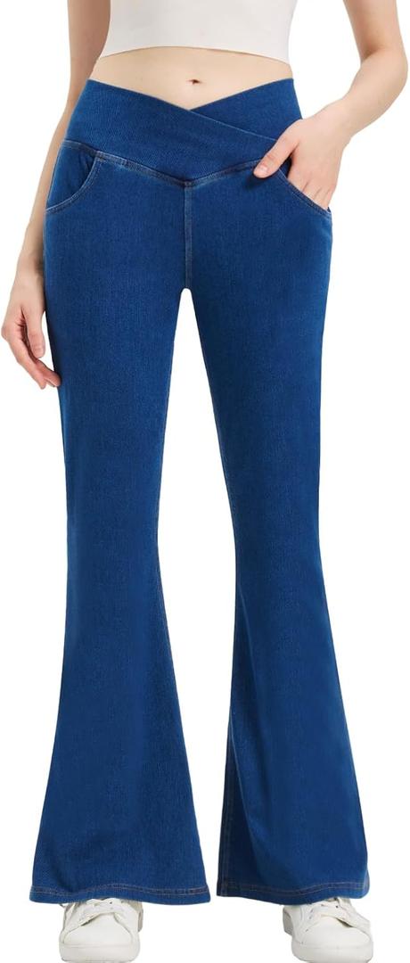 Women's High Waisted Tummy Control Flare Jeans Stretchy Pull On Wide Leg Denim Pants (Medium, Middle Blue)