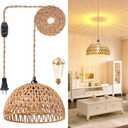 Plug in Pendant Light Rattan Hanging Lamp with 15 Ft Hemp Rope Cord, Wicker Hanging Lights with Bamboo Basket Lamp Shade,Dimmable Switch Woven Boho Plug in Ceiling Light for Living Room Bedroom