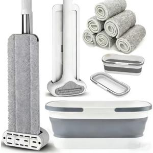 Bucket with Wringer Set, 6 Piece Microfiber Flat Mop Cleaning System with Long Handle, Hands Free Floor Cleaner for Hardwood, Tile & Wall (1 Mop + 6 Microfiber Pads + 1 Bucket)