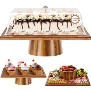 Cake Stand with Lid - 2 in 1 Cake Stand and Charcuterie Board, Rectangle Acacia Wood Cake Stand, Dessert Table Display Set for Cheese, Chips, Dips, Nachos, Fruit Platter, Donut