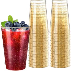 [100 Pack] 12oz Plastic Cups with Gold Glitter Sturdy & Food Safe Plastic Wine Glasses Disposable Cups Wedding Cups Party Cups Drinking Tumblers for Wine, Cocktails and Cold Beverages