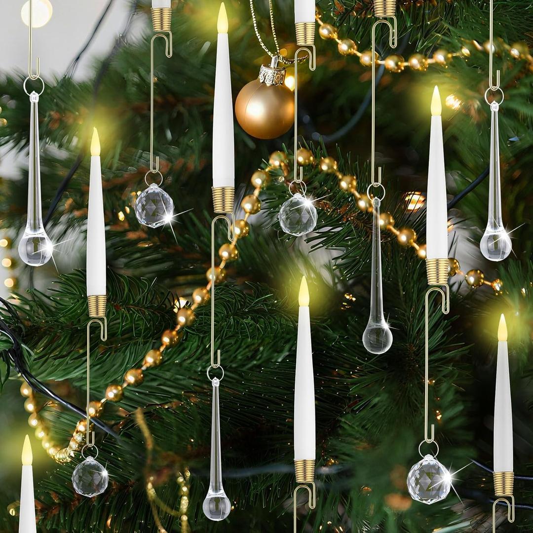 Roowest 16 Sets Christmas Tree Candle Holders, Metal Candleholder with 8 Crystal Balls and 8 Crystal Raindrops Hanging Ornaments Xmas Tree Candlestick for Xmas Home Indoor Outdoor Party Decorations